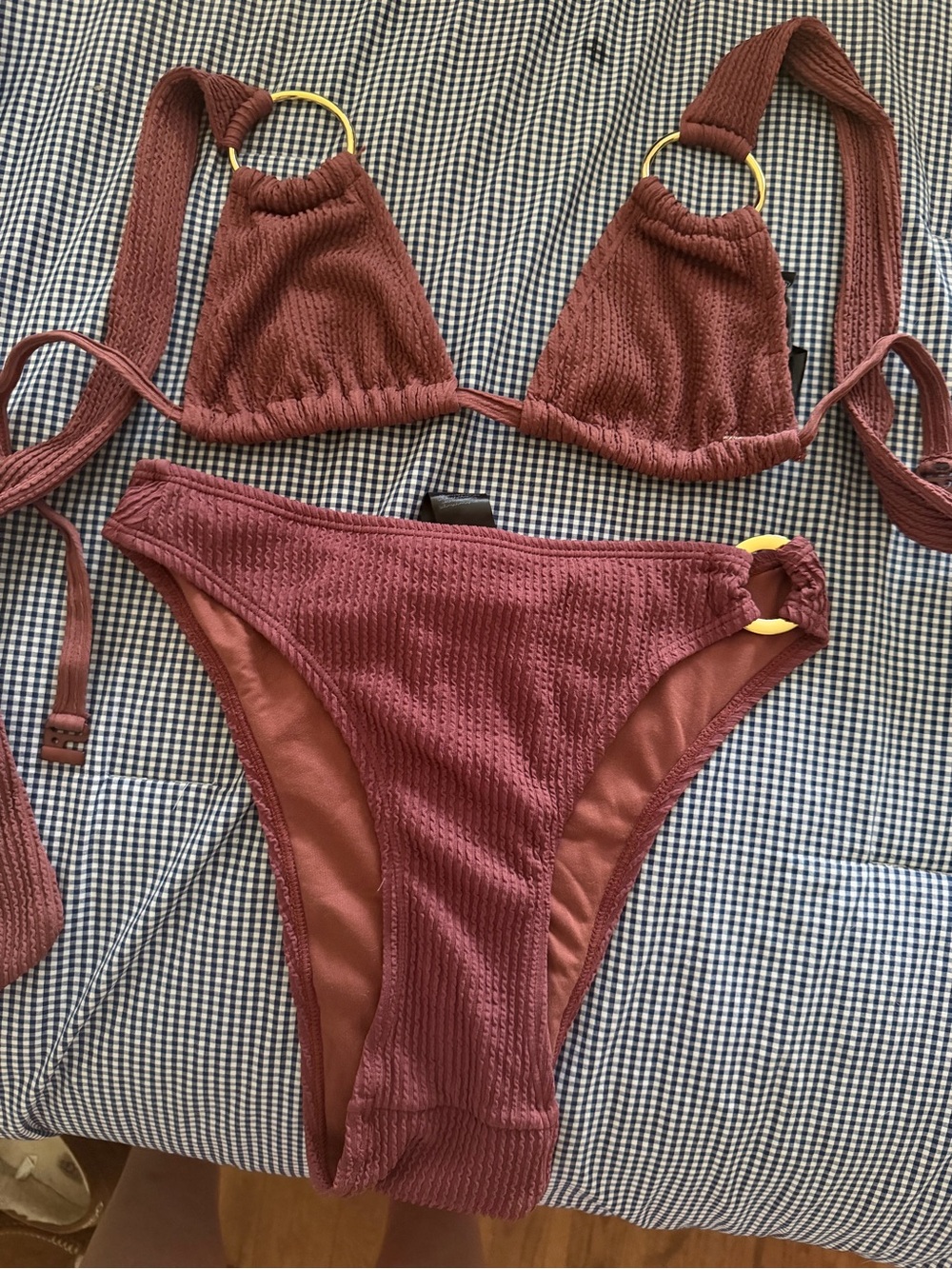 Nasty Gal Rust Ribbed Triangle Bikini with Gold Rings